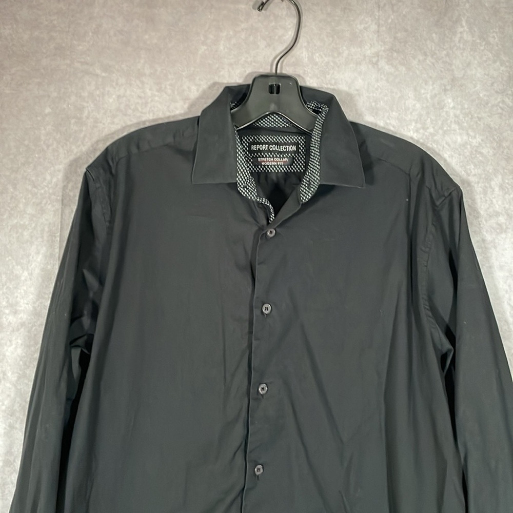 Report Collection Stretch Collar Modern Fit Black Button Dress Shirt | 16” 32/33 - Picture 3 of 12